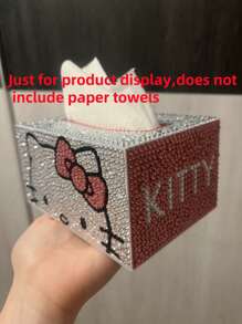 Sanrio 1 件  DIY 水钻彩绘纸巾盒闪亮圆形方形水钻设计粉色和白色格子图案非常适合家居装饰和汽车收纳水钻彩绘收纳礼物生日毕业