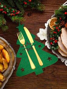 1/5/10件套圣诞毛毡餐具套装，树形图案，含餐具袋、餐垫、杯垫，实用美观，适合家庭和餐厅使用，可用于场景装饰、节日装饰、房间装饰、家居装饰、办公室装饰、主题派对装饰、圣诞节装饰，圣诞刀叉套装，冬季圣诞装饰 - 彩色 - 查看 5
