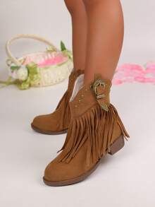 1 双经典流苏时尚百搭高跟防滑四季儿童靴子，日常穿着度假平底靴，中筒复古度假休闲女童靴子适合日常装扮 - 棕色 - 查看 5