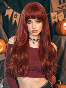 Tóc giả xoăn dài màu đỏ tía có mái 24 inch, tóc giả tổng hợp gợn sóng tự nhiên màu đỏ cho nữ, thời trang dự tiệc hàng ngày, quà tặng Halloween Giáng sinh, quà tặng cho bạn gái, quà tặng cho bạn gái - Đỏ - Xem 2