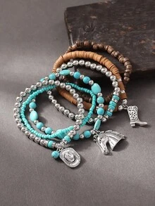 6 件西部牛仔风格复古椰子壳、绿松石串珠牛仔帽、靴子吊坠多层手链套装，弹性手链适合女士休闲、节日装 - 彩色 - 查看 9