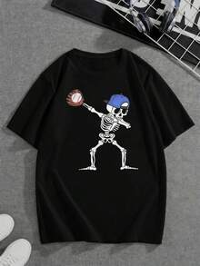 Polo da baseball con scheletro, t-shirt da uomo con stampa fronte-retro, scollo rotondo casual alla moda, puro cotone 220 g/m² (1 pezzo)