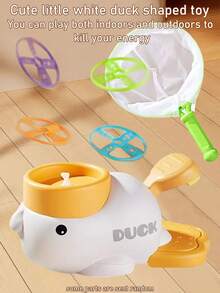 脚踩飞网接球运动玩具，鸭子形飞盘玩具，儿童减压互动玩具，室内外运动玩具，飞行玩具，有黄色和白色可选，无需电池（包括面罩、网勺和飞盘） - 彩色 - 查看 11