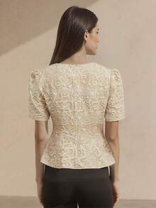 Myenjoylife Modern Filipiniana Ladies' Elegant Temperament Jacquard Bubble Sleeves Short Sleeved Cardigan