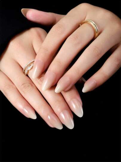 24片短杏仁形/方形/芭蕾舞形/中方形甲片，甜美渐变法式美甲风格，附赠1块指甲抛光块和1瓶果冻凝胶甲片，美甲用品