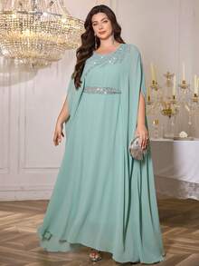 Plus Size Women's Solid Color Sequin Decor Belted Round Neck Elegant Long Arabic Abaya Summer - Green - View 4