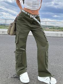 Women's Mid-Rise Wide-Leg Work Jeans With Work Pockets, Built-In Zipper, Pockets, Button, Casual, Street Style. - xanh quân đội - Xem 4