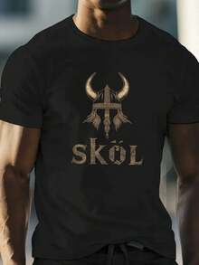 Camiseta de Hombre 100% Algodón Armadura Vikinga y Estampado Gráfico SKOL - Camiseta de Manga Corta Transpirable de Ajuste Regular para Gimnasio, Camping, Actividades al Aire Libre - Ropa Casual de Todas las Estaciones Regalo de Vacaciones, Ropa de Camping, Ropa de Gimnasio, Camisa de Tejido de Punto - Negro - Ver 8