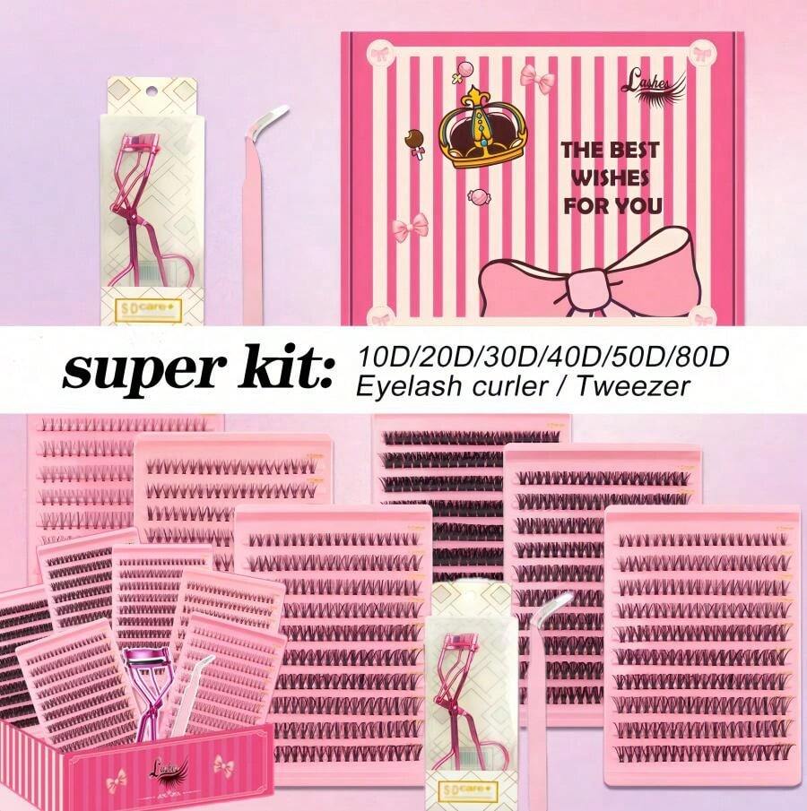 6 Boxes D Curl DIY Cluster Lash Extension Kit Cluster Lashes Mixed Different Length And Styles Natural Volume Fluffy, Clear Band Bottom Individual Lashes Cluster Segmented Spikes,With Eyelash Curler ,One-Stop Shopping Lash Kit Lash Gift Pack,For Yourself Or Friend Family Best Girl Gift - màu đen - Xem 1