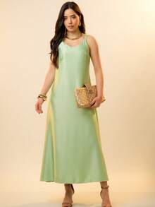 Italian Style Boat Neck Sleeveless Fitted Dress For Women - Green - View 1