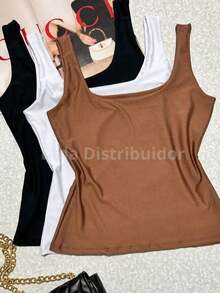 Kit Of 3 Women's Summer Tank Tops In Premium Suplex, Double Lining, Basic, Plain - 黑色,棕色和白色 - 查看 1
