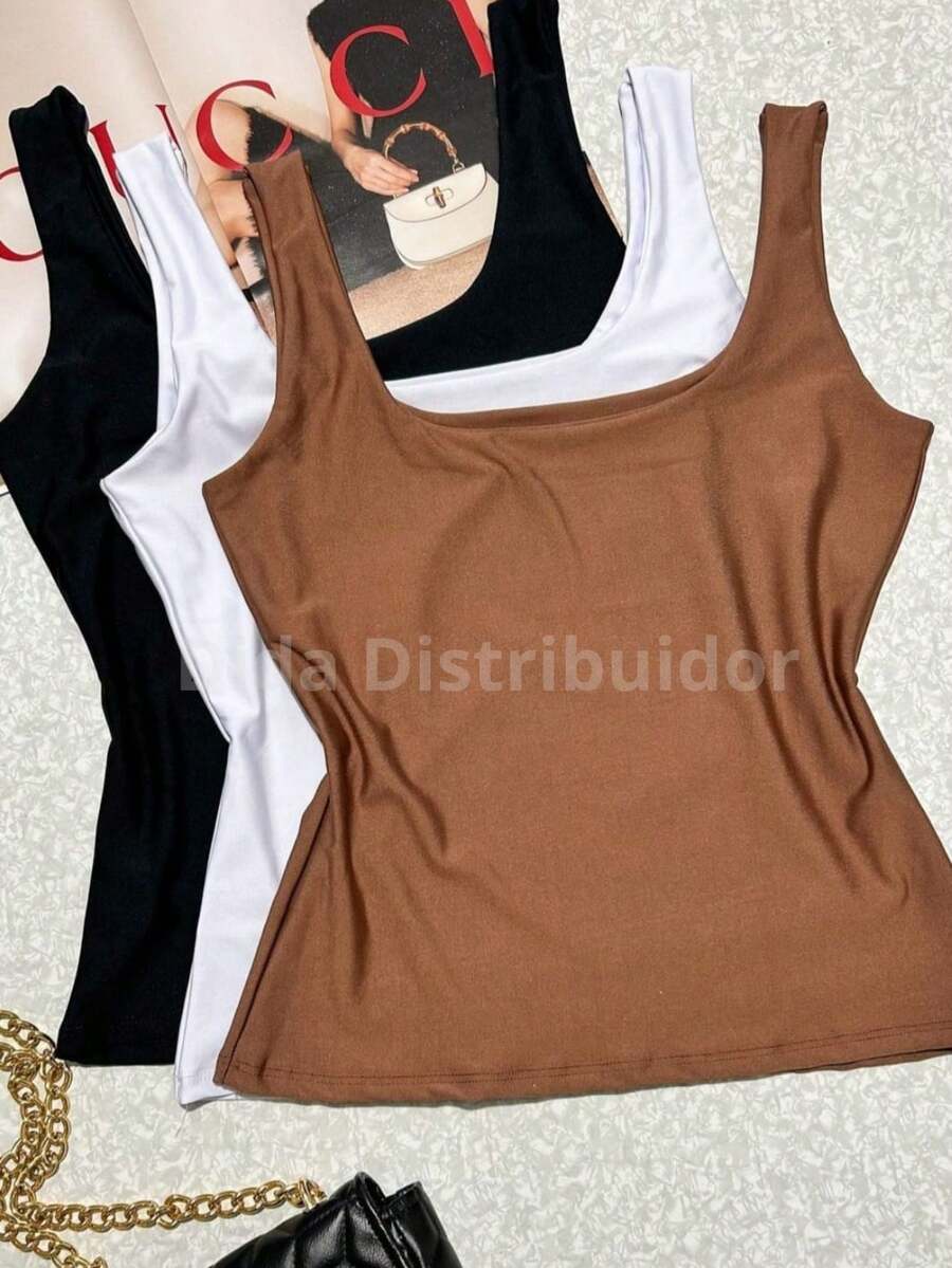Kit Of 3 Women's Summer Tank Tops In Premium Suplex, Double Lining, Basic, Plain - 黑色,棕色和白色 - 查看 1