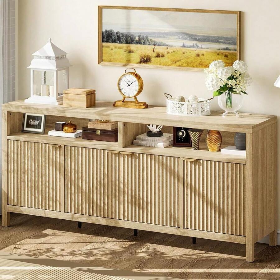 Studyset Fluted Storage Cabinet,65.8"W Sideboard Buffet With Doors,Kitchen Buffet Accent Console Table With Adjustable Shelves For Living Dining Room, Entryway,Raised Panel - 卡其色 - 查看 1