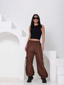 Parachute Tactel Cargo Pants With Adjustable Drawstring Hem And Pockets Casual Drawstring Pocket Women's Fashion - 鏽棕色 - 查看 2