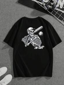 Polo da baseball con scheletro, t-shirt da uomo con stampa fronte-retro, scollo rotondo casual alla moda, puro cotone 220 g/m² (1 pezzo)