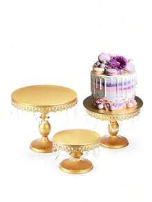 3Pcs Antique Cake Stand Set - Round Metal Cupcake Stands With Pendants And Beads - Elegant Dessert Display, For For Wedding, Birthday Party Decor - 金色 - 查看 9