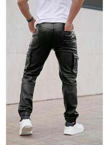 Mens Cargo Pants Joggers Leather Pants For Men Slim Fit-2025 - 黑色 - 查看 5