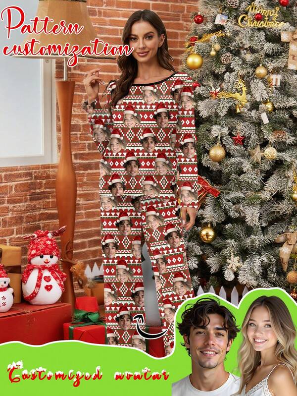 Customized Women's Pajama Set, Unique Big Head Photo, Couple Face Replacement, Christmas Holiday Atmosphere