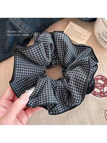 Fashion Retro Plaid Double-Layer Large Intestine Hair Band Low Ponytail Hair Rope Ball Head Women's Rubber Band Hair Tie Head Rope Head Flower Hair Accessories - 寶藍色 - 查看 5