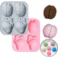 Gehirn Herz Halloween Schokoladen Bonbon Silikon Formen, 4 Löcher 3D Gehirn Herz Form Schokoladen Seife Formen, DIY Kekse Bonbons Gummibärchen Schokoladen Formen Eiswürfelbehälter
