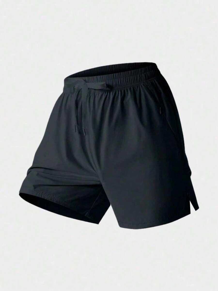 1 pieza Pantalones cortos deportivos casuales para hombres, pantalones cortos para correr de secado rápido, hasta la rodilla (Beige) - Negro - Ver 1