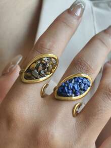 1pc Elegant Oval Textured Natural Stone Jewelry, Geometric Criss-Cross 18K Gold Plated Stainless Steel Adjustable Ring, Suitable For Women, Couples, Daily Wear, Parties, Halloween, Gifts For Friends