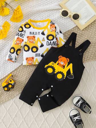 2 Stücke Baby/Kleinkind Set, Langarm-Top mit Bagger- & Bären-Muster + Cartoon-Latzhose, geeignet für Frühling/Herbst Outdoor & Alltags-Tragen