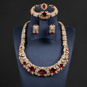 4pcs/Set Women's Fashion Jewelry Set, Includes Golden Color Cubic Zirconia, Pearl, Flower Shaped Earrings, Necklace, Bracelet, Ring, Suitable For Ladies, Bride, Holiday Party, Wedding, Gift