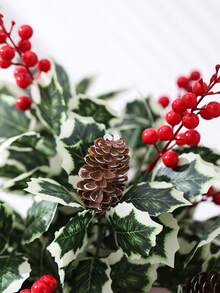 3 Stücke künstliche Weihnachts-Faux-Pflanzen, beinhaltet Stechpalmenbeeren, Tannenzapfen, grüne Blätter, Fake Weihnachtsbaum Zweige, Blumenstiele, geeignet für Blumenvasen, Weihnachts-Feiertags-Dekoration