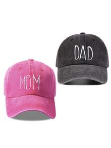 2pcs "Dad Mom" Printed Vintage Washed Peaked Baseball Cap, Unisex Adjustable Lightweight Sun Protection Hat, Ideal Gift For Parents
