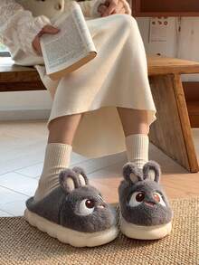 Autumn/Winter Fluffy Slippers, Suitable For Outdoor Wear, Thick EVA Sole, Warm & Anti-Slip, Indoor Cute Cartoon Rabbit Plush Slippers - Grey - View 3