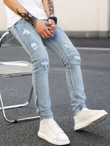 Pantalones vaqueros azul claro con rotos y corte entallado, tiro alto elástico, estilo moderno y casual - Lavado ligero - Ver 2