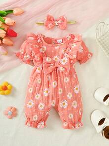 2 件套可爱女婴夏季心形双面蝴蝶结连体衣 + 头带套装 - 珊瑚粉 - 查看 6