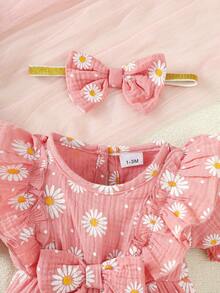 2pcs Cute Baby Girls Summer Heart Reversible Bow Romper + Headband Set - Dusty Pink - View 3