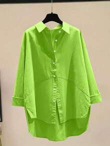 Plus Women's Minimalist Solid-Color Button-Down Shirt Casual Loose-Fit Long-Sleeve Shirt Autumn And Winter