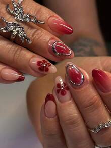 24片短款椭圆形3D凝胶美甲贴纸，可打造水晶花朵美甲、法式美甲等多种款式，短款设计，完美贴合。亚克力假指甲套装包含：1片果冻凝胶和1把指甲锉，可打造法式美甲和酒红色美甲，适合女性日常工作、节日、派对等场合。美甲用品 - 彩色 - 查看 3