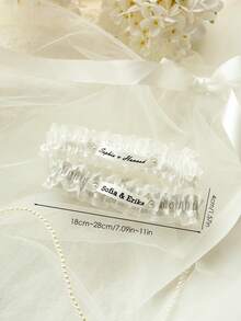 Satin Lace Wedding Garter, Customizable Name Date Letter Embroidery, Faux Pearl Double Layer Adjustable Plus Size Garter, Wedding Keepsake - Multicolor - View 4