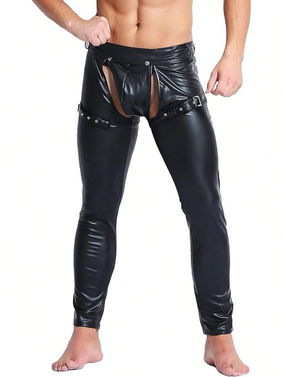 Mens Skinny Pants Faux Leather Open Crotch Trousers With Bulge Pouch-20256688 - A-Đen - Xem 1