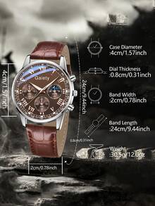 1pc Men's Brown Leather Band Business Casual Quartz Watch With Roman Numeral Dial, Suitable For Daily Wear Or Holiday Events - Brown - View 4