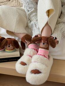 1/2/3 双秋冬季女士袜子，可爱卡通袜子，刺绣狗图案中筒袜，趣味袜子，毛绒袜子，条纹睡眠袜，秋季 - 彩色 - 查看 12