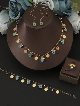 1 Set Women's Jewelry Set With Money Coin & Eye Design, Including 1 Necklace, 1 Bracelet, 1 Pair Of Earrings, 1 Ring, Suitable For Daily Wear, Parties, Banquets, Weddings, Holiday Gifts