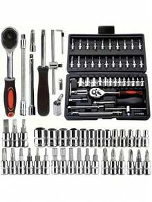 46pcs Small Size Integrated Solution Tool Kit, Suitable For Outdoor Emergency Car Repair, Applicable For Car, Bicycle And Motorcycle Repair, Also Includes A Multifunctional Combination Wrench Tool Set, No Battery Required, With 1/4" Drive Ratchet Wrench, Metric Sockets, Screwdriver Bits, Quick Release Mechanism - Professional Hand Tool Kit For Automotive Repair And DIY, No Assembly Required, Non-Powered, With Case