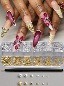 12颗金色银色半圆形钢珠美甲装饰，磁性钢珠美甲笔，迷你小号不锈钢鱼子酱珠微珠吊坠凝胶指甲油贴片美甲用品 - 彩色 - 查看 3