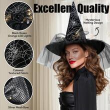 1pc Witch Hats With Lights Halloween Adult And Teens Women's Large Witches Hat Costume Accessories For Party Cosplay Sorcerer Cap For Festival Party Masquerade For Halloween Party Decorations, Witch Hat For Women - 黑色(蝴蝶結) - 查看 3