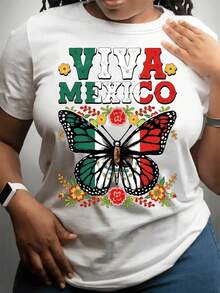 Playera blanca de mujer con estampado patriótico "Viva México" - Blanco - Ver 1