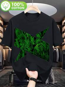 Men's Heavyweight 180gsm Cotton T-Shirt - Retro LA Streetwear Tee With Fern Graphic - Black & Green Urban Style Shirt For Gym, Casual Outfits - Plus Sizes XL To X2XL - Machine Washable Everyday Streetwear Essential, Outdoor Activities, Bold Print, Breathable Fabric, Short Sleeve Top, Fashion Enthusiasts Breathable Workout Shirt Men Mushroom  Art Shirt Funny Grilling T Shirt For Dad Tagless T Shirt For Men Cowboy Western Style T-Shirt - Black 4 - View 1