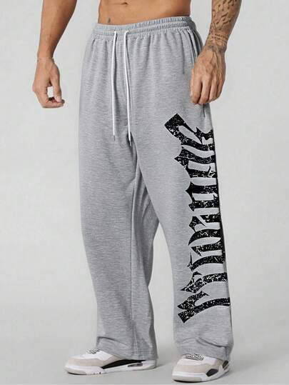 Men's Letter Print Drawstring Waist Straight Leg Long Casual Pants, Suitable For Outings, Gothic Style, Rave Parties, Back To School, Sports, Fitness, Autumn Season