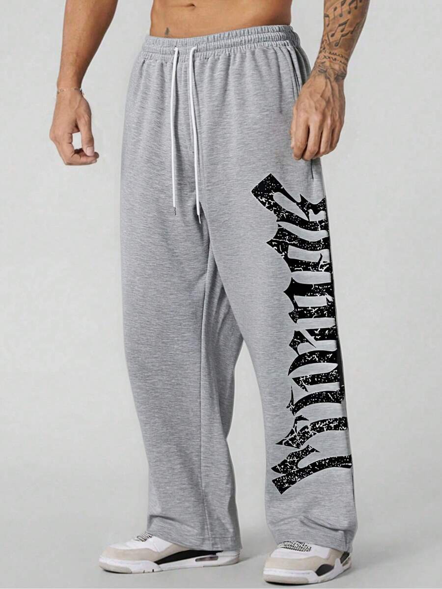 Men's Letter Print Drawstring Waist Straight Leg Long Casual Pants, Suitable For Outings, Gothic Style, Rave Parties, Back To School, Sports, Fitness, Autumn Season - Màu Xám nhạt - Xem 1