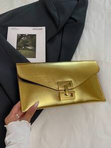 Fashionable Handheld Bag, Letter Envelope, Retro Metal Hardware Lock, Flip Cover Envelope, Makeup Bag, Inner Container Bag, Banquet Bag, Versatile Leisure Bag - Gold - View 9