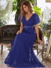 Elegant V-Neck Ruffle Butterfly Sleeve Bridesmaid Dress - Royal Blue - View 6